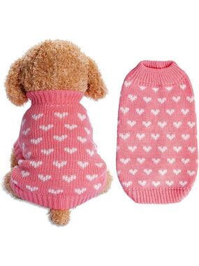 Pink Dog & Cat Sweater Knitted Heart Puppy Pullover Warm Soft Holidays Clothes